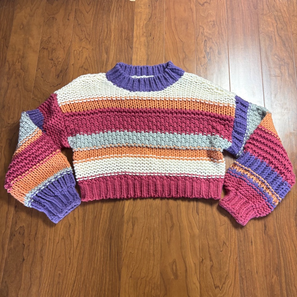 Emory Park Striped Chunky Knit Cropped Sweater Purple Pink Orange Medium